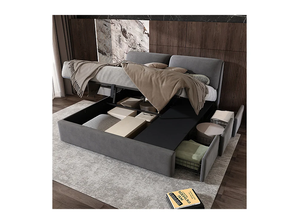 lit rembourré hydraulique 180x200 cm, lit de rangement avec sommier à lattes et trois tiroirs, velours, gris, sans matelas