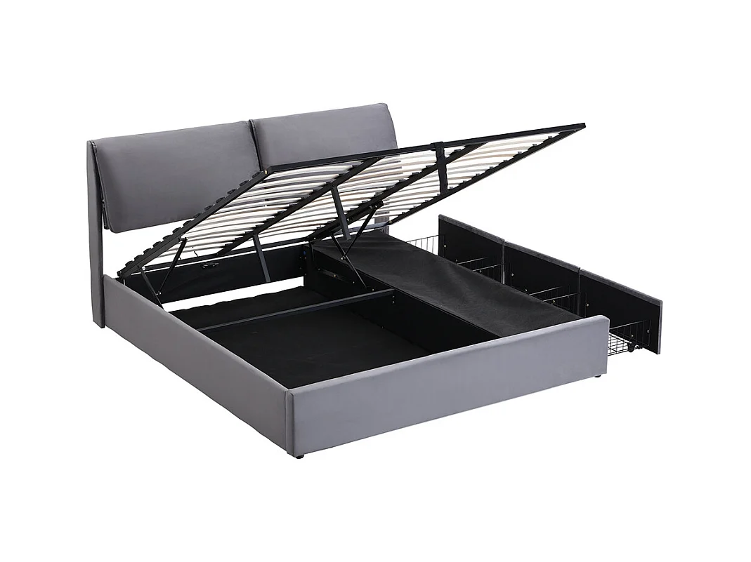 lit rembourré hydraulique 180x200 cm, lit de rangement avec sommier à lattes et trois tiroirs, velours, gris, sans matelas
