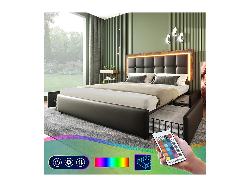 Lit adulte lit 140x200 cm lit rembourré avec bandeau lumineux led et 4 tiroirs lit double pu noir