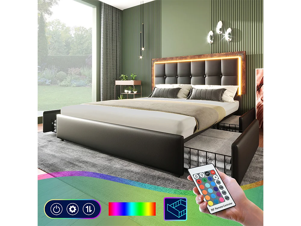 Lit adulte lit 140x200 cm lit rembourré avec bandeau lumineux led et 4 tiroirs lit double pu noir