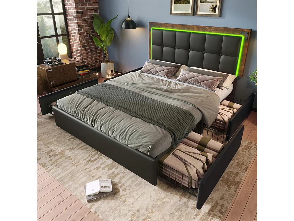 Lit adulte lit 140x200 cm lit rembourré avec bandeau lumineux led et 4 tiroirs lit double pu noir