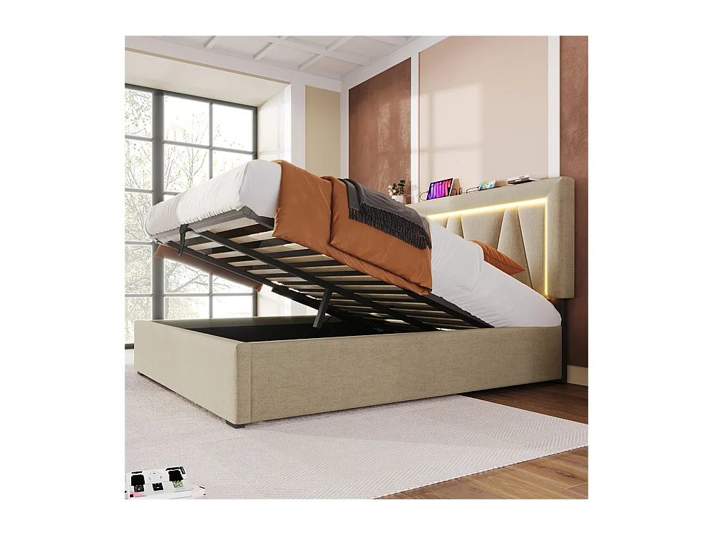 Lit rembourré lit coffre 160x200 cm lit de rangement lit eclairage led avec fonction de chargement usb type c lit double lin beige