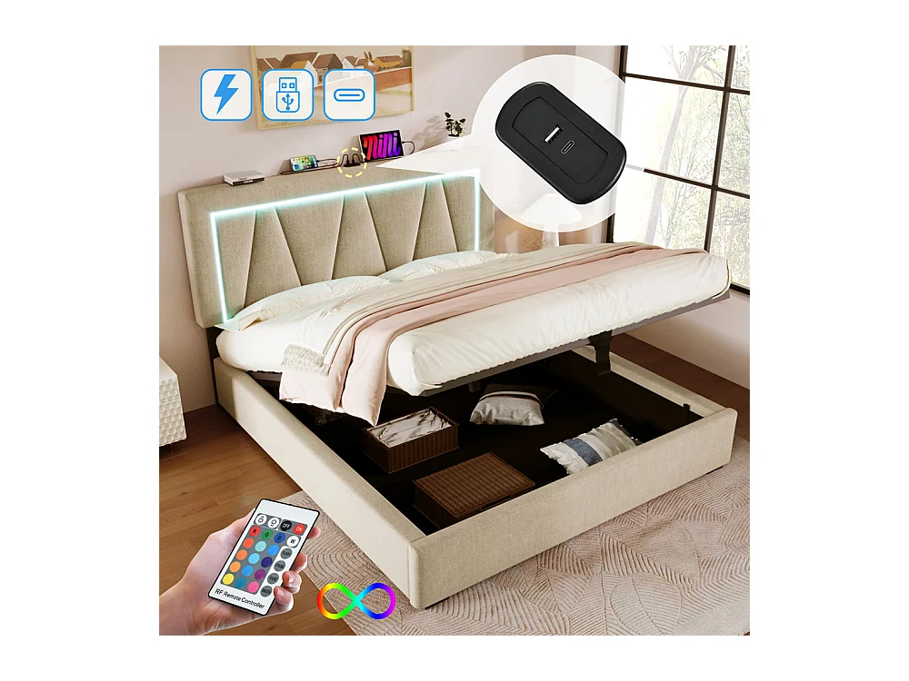Lit rembourré lit coffre 160x200 cm lit de rangement lit eclairage led avec fonction de chargement usb type c lit double lin beige