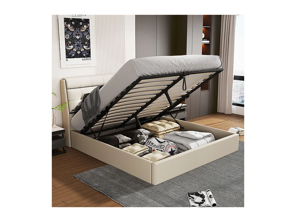 Volwassen bed 140x200 cm hydraulisch gestoffeerd tweepersoonsbed met crème witte PU lattenbodem