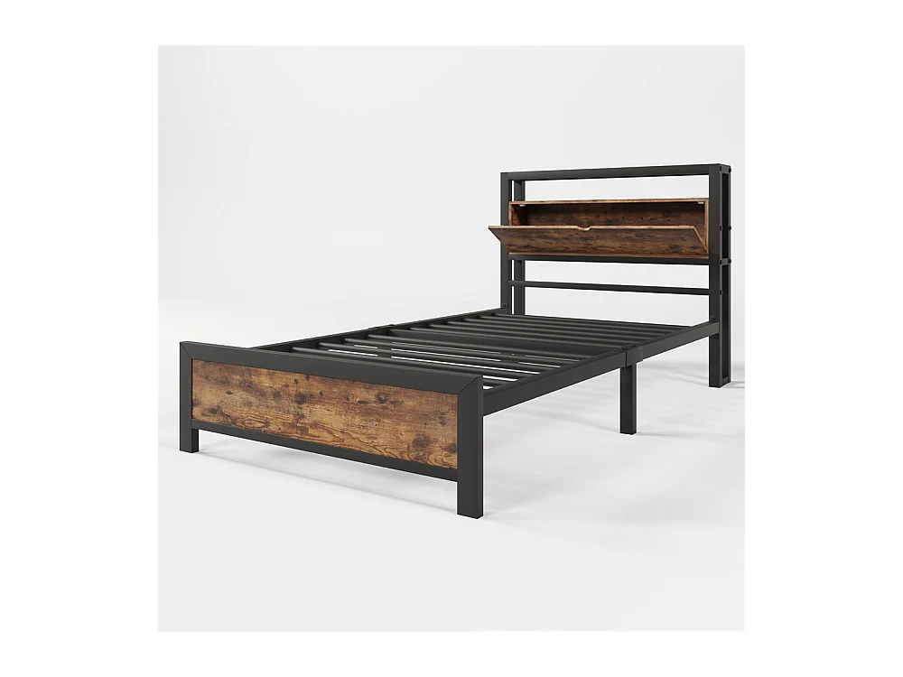 Lit adulte lit 90x200 cm lit tête de lit de rangement lit sommier à lattes lit en métal Single métal+mdf Neutral