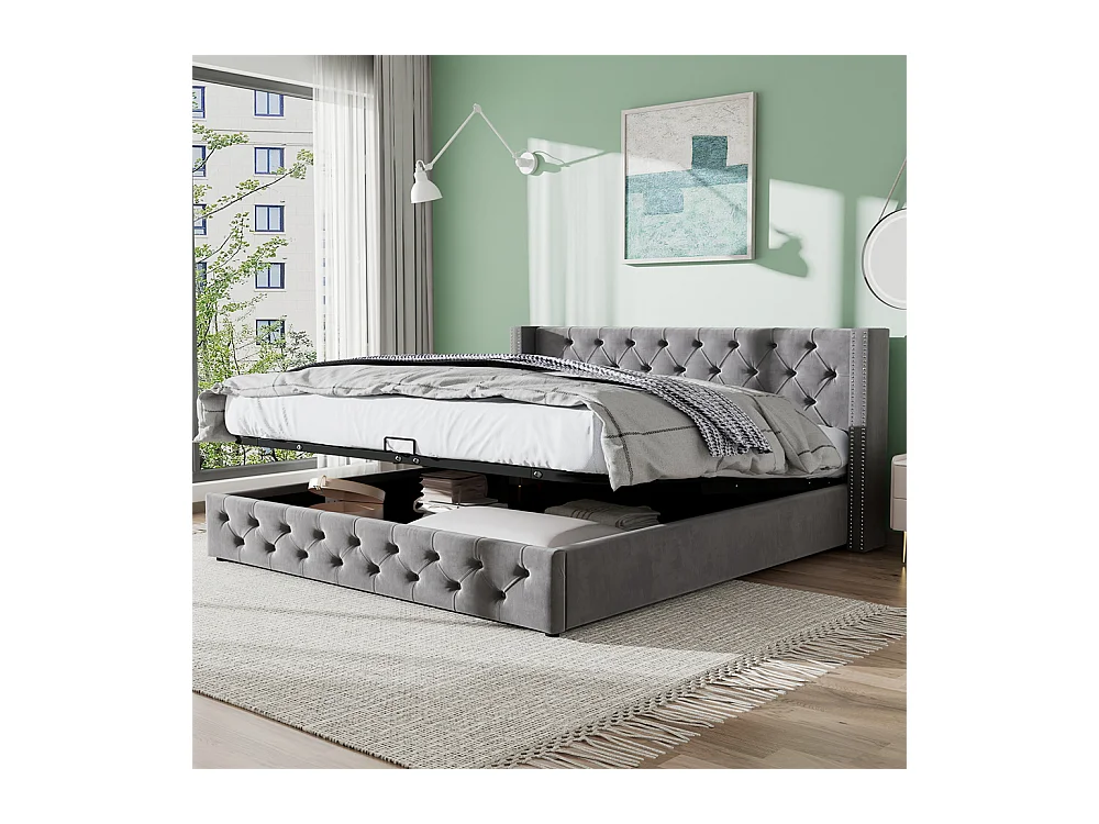 Lit adulte lit coffre lit rembourré hydraulique lit de rangement lit 140x190 cm lit en métal lit double velours gris