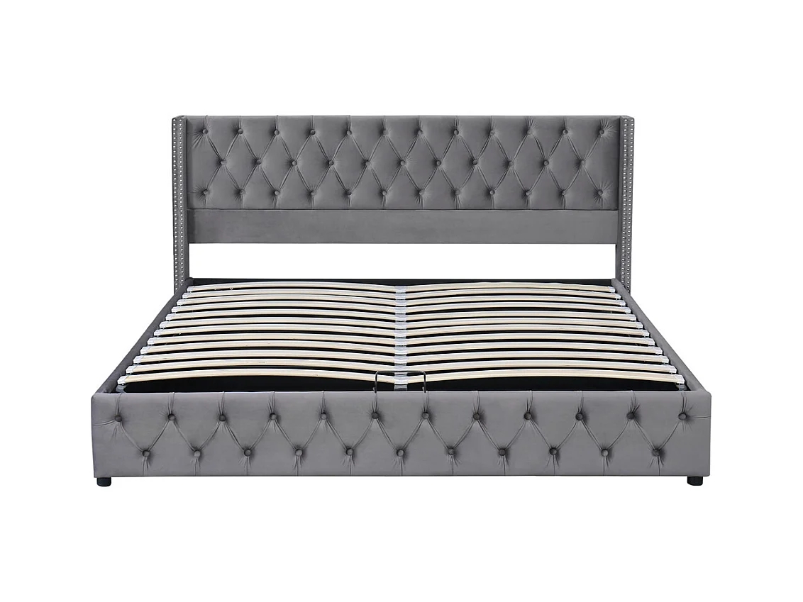 Lit adulte lit coffre lit rembourré hydraulique lit de rangement lit 140x190 cm lit en métal lit double velours gris