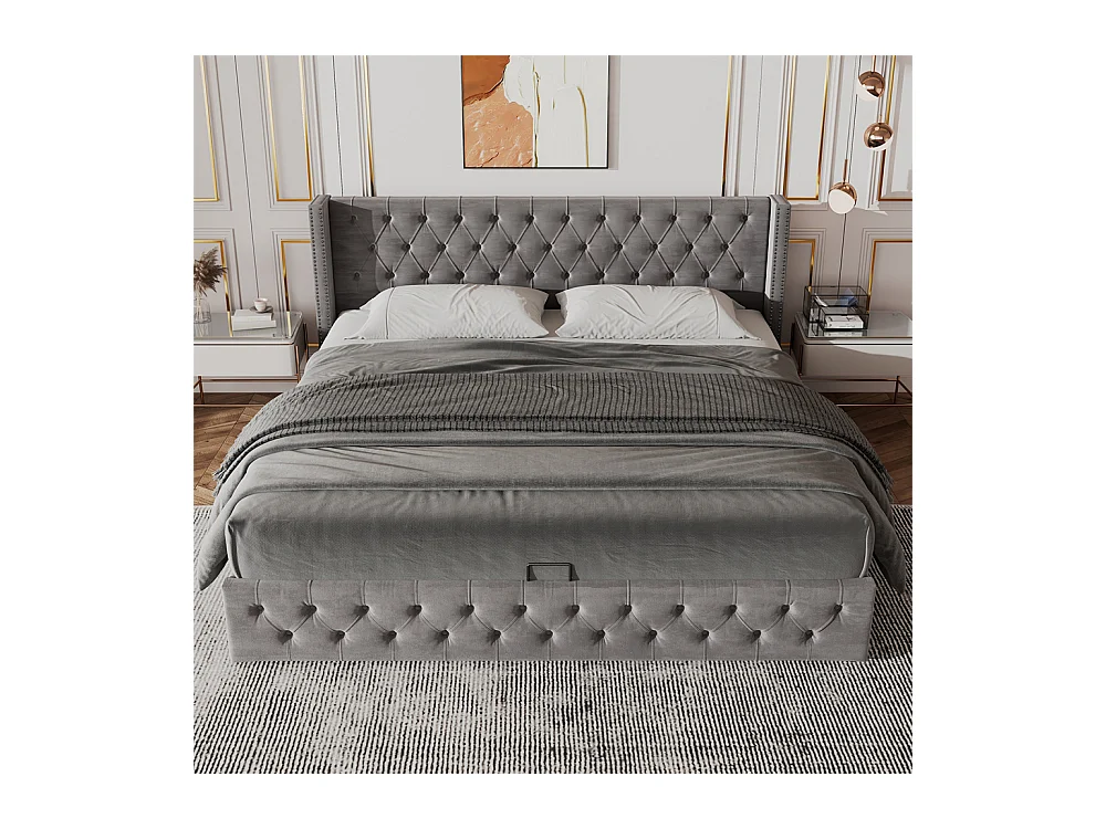 Lit adulte lit coffre lit rembourré hydraulique lit de rangement lit 140x190 cm lit en métal lit double velours gris