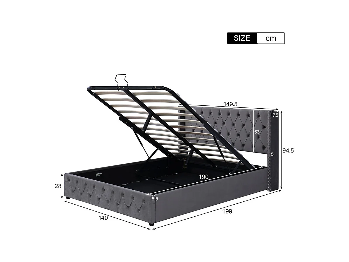 Lit adulte lit coffre lit rembourré hydraulique lit de rangement lit 140x190 cm lit en métal lit double velours gris