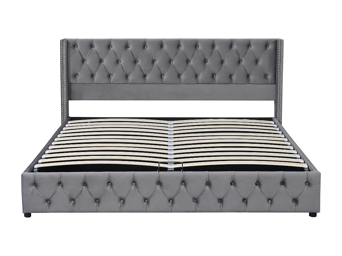 Lit adulte lit coffre lit rembourré hydraulique lit de rangement lit 140x190 cm lit en métal lit double velours gris