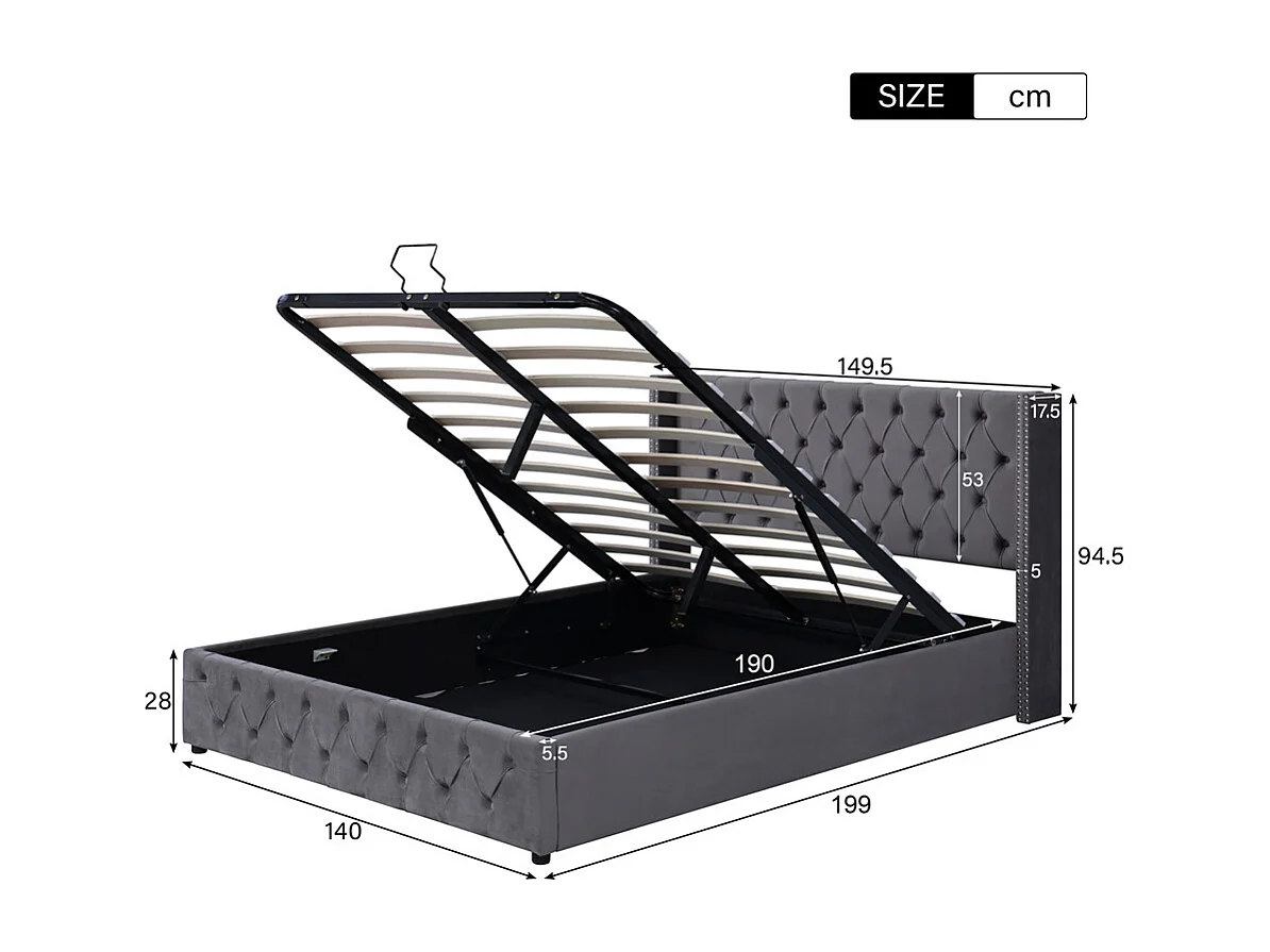 Lit adulte lit coffre lit rembourré hydraulique lit de rangement lit 140x190 cm lit en métal lit double velours gris