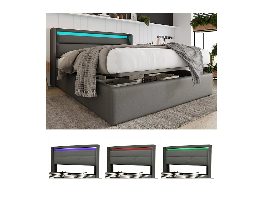 Lit adulte lit 160x200 cm lit rembourré hydraulique lit de rangement lit barre d'éclairage led lit double pu gris