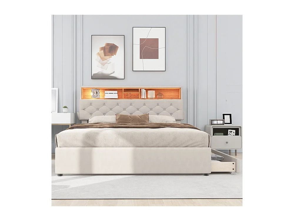Gestoffeerd bed 140x200 cm opbergbed USB-oplaadbed LED-verlichting bed met twee lades tweepersoonsbed beige linnen