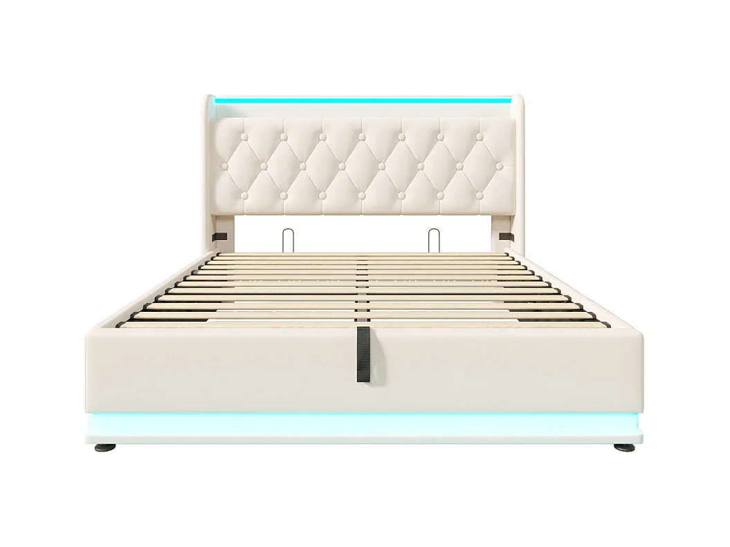 Hydraulisch gestoffeerd bed 140x200cm, opbergbed, hoofdbord met usb type-c oplaadfunctie, pu, wit, zonder matras