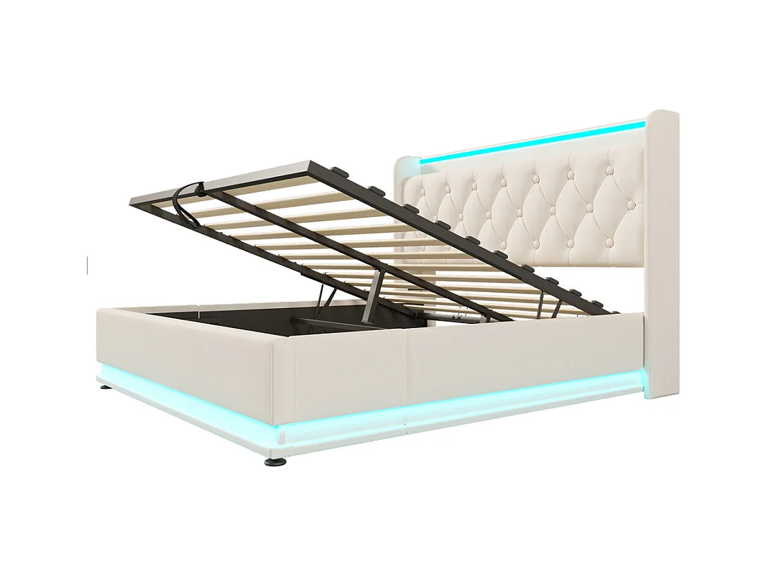 Hydraulisch gestoffeerd bed 140x200cm, opbergbed, hoofdbord met usb type-c oplaadfunctie, pu, wit, zonder matras