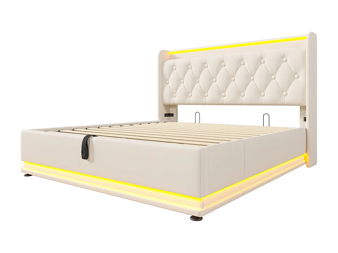 Hydraulisch gestoffeerd bed 140x200cm, opbergbed, hoofdbord met usb type-c oplaadfunctie, pu, wit, zonder matras