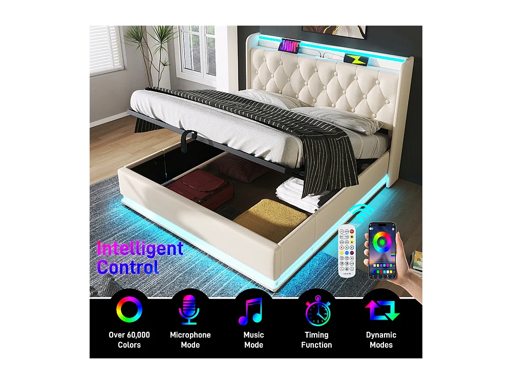 Hydraulisch gestoffeerd bed 140x200cm, opbergbed, hoofdbord met usb type-c oplaadfunctie, pu, wit, zonder matras