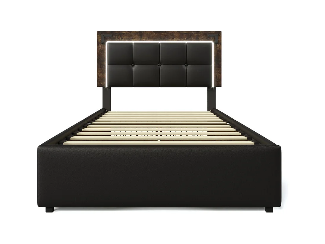 Volwassen bed 90x200 cm gestoffeerd bed met LED-lichtstrip en 4 lades Eenpersoons PU zwart