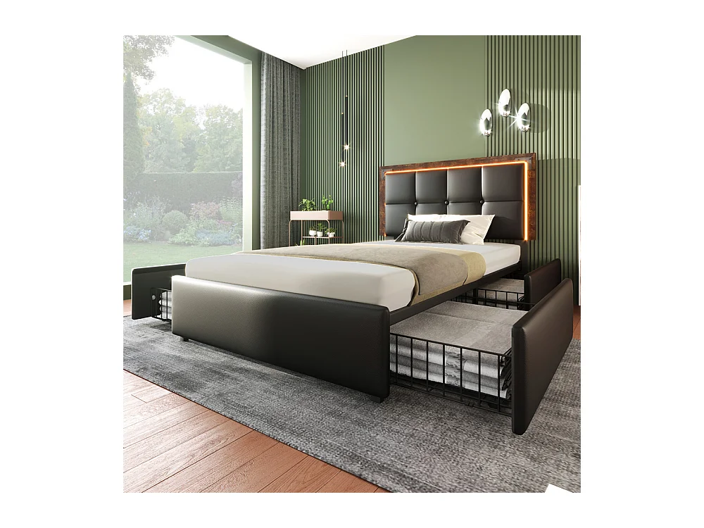 Volwassen bed 90x200 cm gestoffeerd bed met LED-lichtstrip en 4 lades Eenpersoons PU zwart