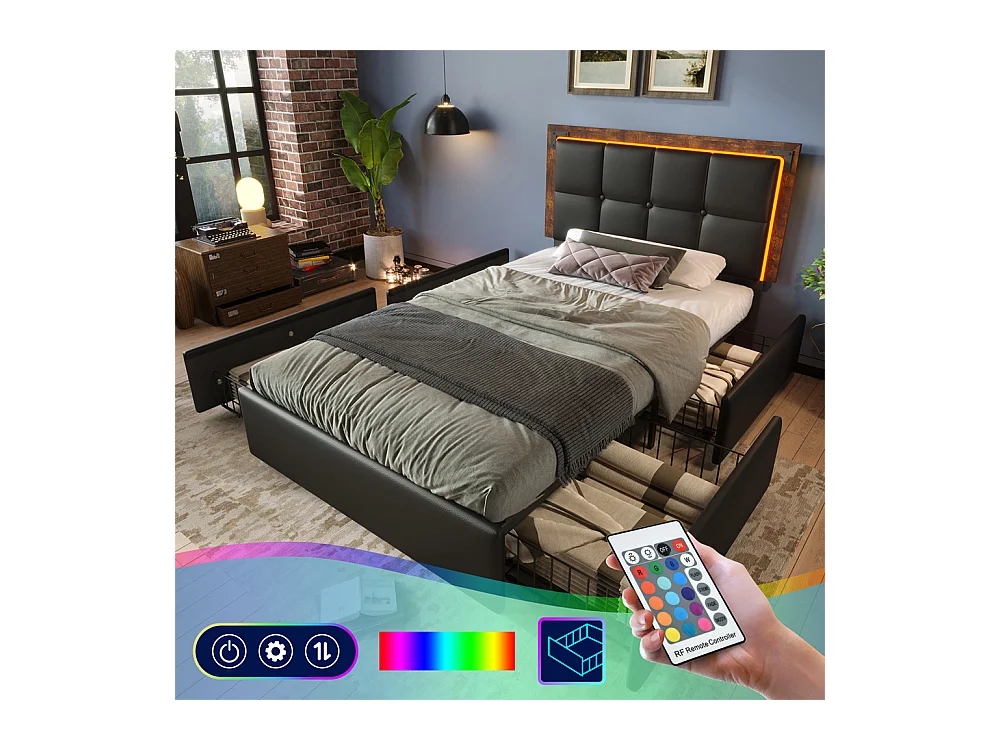 Volwassen bed 90x200 cm gestoffeerd bed met LED-lichtstrip en 4 lades Eenpersoons PU zwart