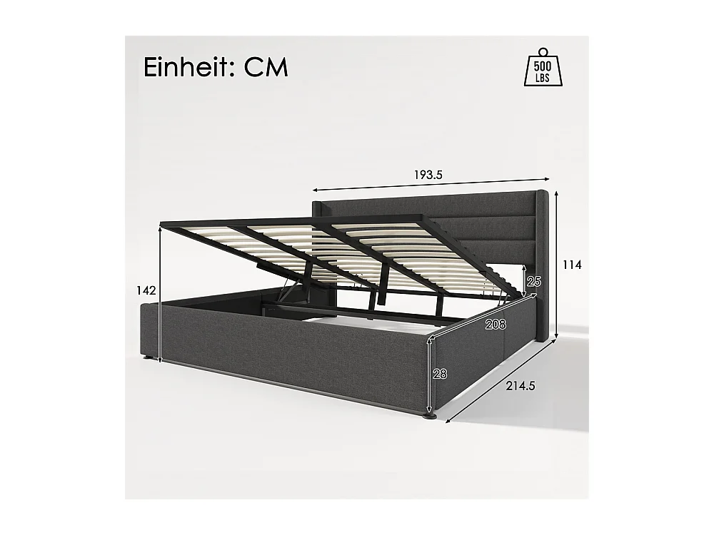 lit rembourré hydraulique lit coffre 180x200 cm lit de rangement lit sommier à lattes en bois lit en métal lit double lin gris