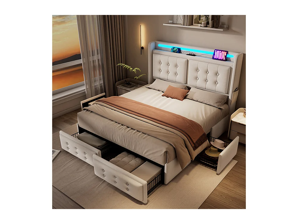 Volwassen bed 160x200 cm gestoffeerd bed 4 laden bed opbergbed met houten lattenbodem tweepersoonsbed katoen linnen beige