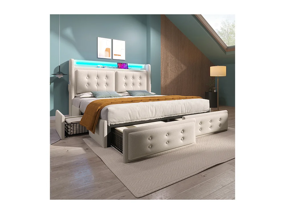 Volwassen bed 160x200 cm gestoffeerd bed 4 laden bed opbergbed met houten lattenbodem tweepersoonsbed katoen linnen beige