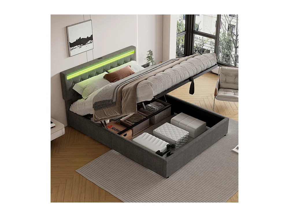 Volwassen bed 160x200 cm gestoffeerd bed opbergbed met sfeerverlichting tweepersoonsbed grijs linnen