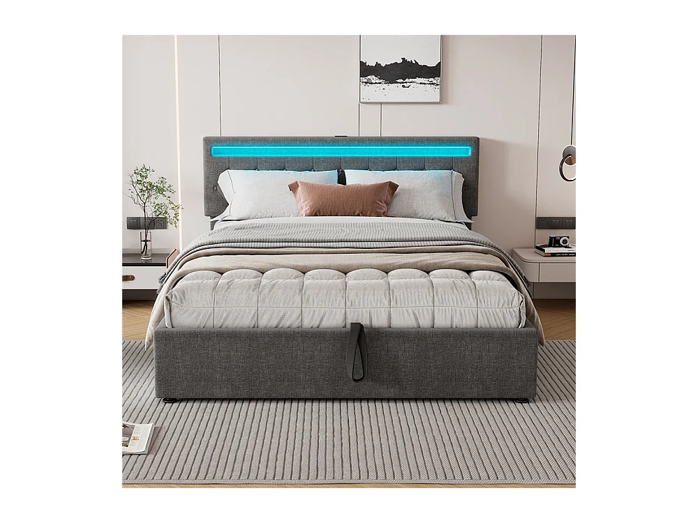Volwassen bed 160x200 cm gestoffeerd bed opbergbed met sfeerverlichting tweepersoonsbed grijs linnen