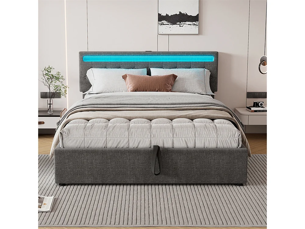 Volwassen bed 160x200 cm gestoffeerd bed opbergbed met sfeerverlichting tweepersoonsbed grijs linnen