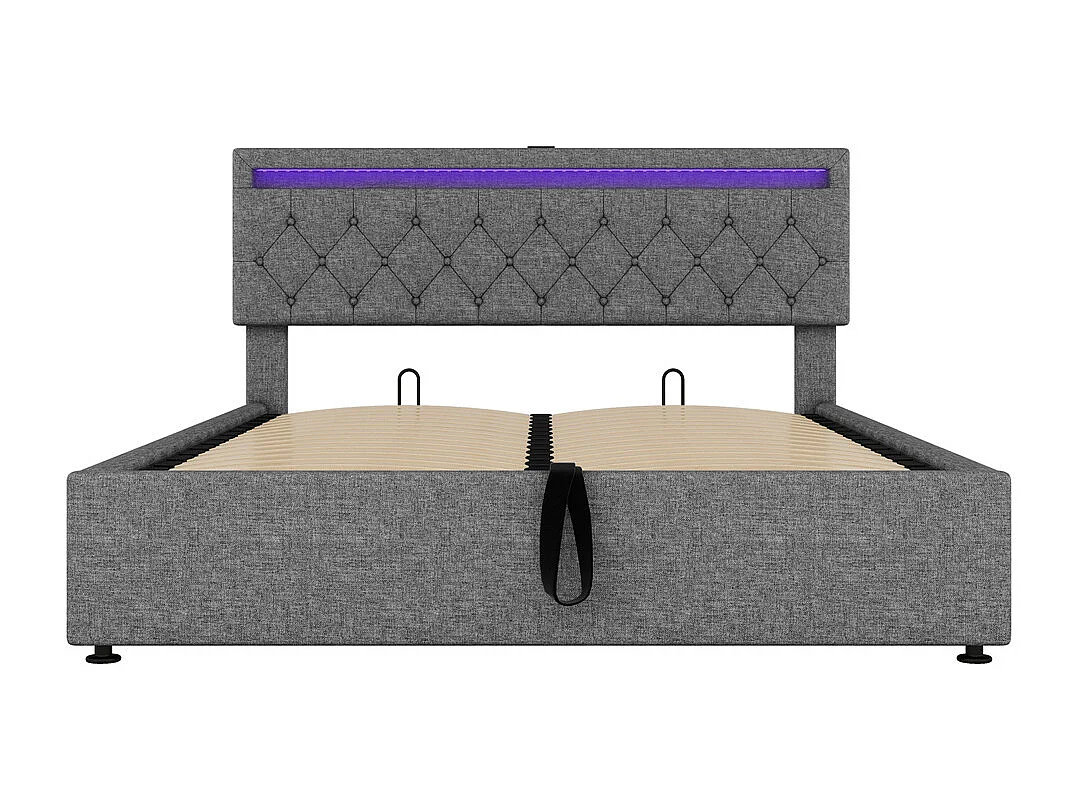 Volwassen bed 160x200 cm gestoffeerd bed opbergbed met sfeerverlichting tweepersoonsbed grijs linnen