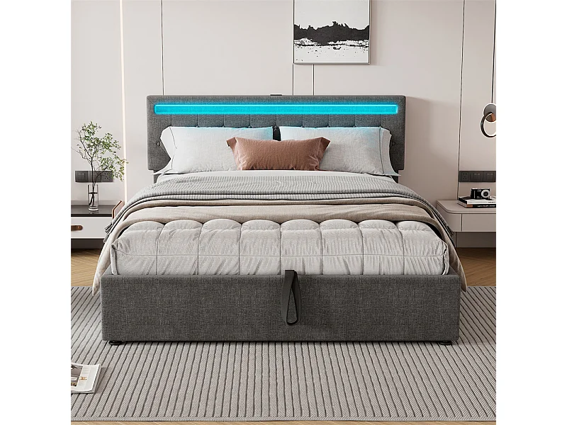Volwassen bed 160x200 cm gestoffeerd bed opbergbed met sfeerverlichting tweepersoonsbed grijs linnen