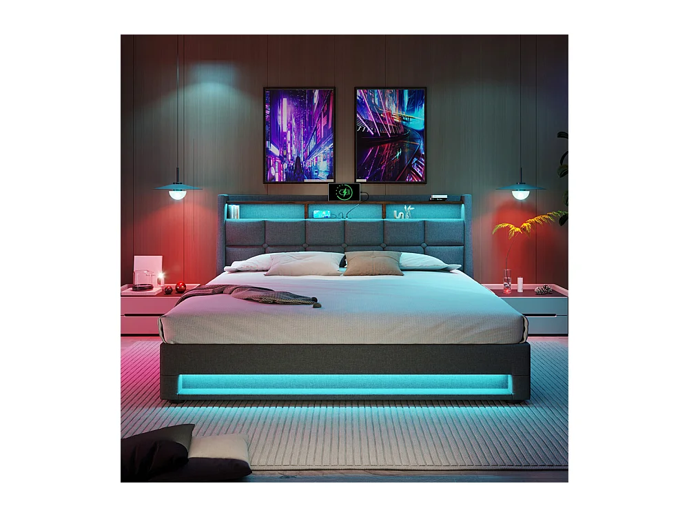 Hydraulisch gestoffeerd bed 180x200 cm opbergbed usb bed metalen bed houten lattenbodem led tweepersoonsbed grijs linnen