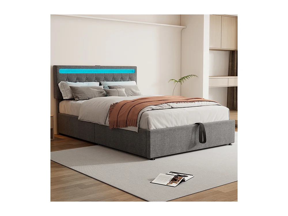 Volwassen bed 140x200 cm gestoffeerd bed opbergbed met sfeerverlichting tweepersoonsbed grijs linnen