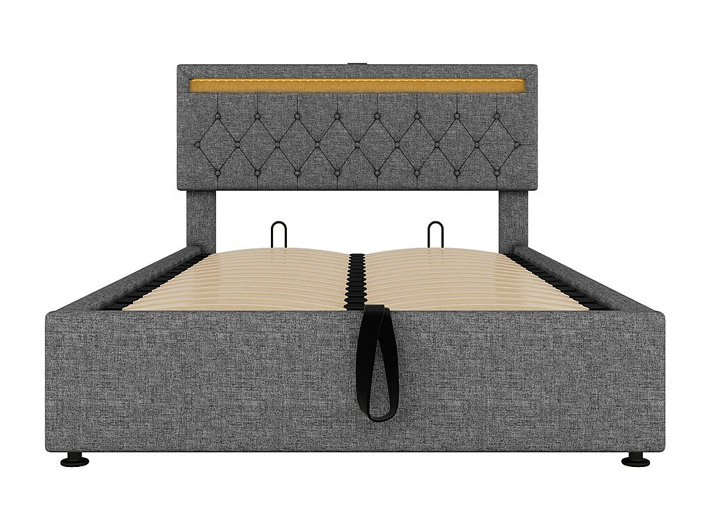 Volwassen bed 140x200 cm gestoffeerd bed opbergbed met sfeerverlichting tweepersoonsbed grijs linnen