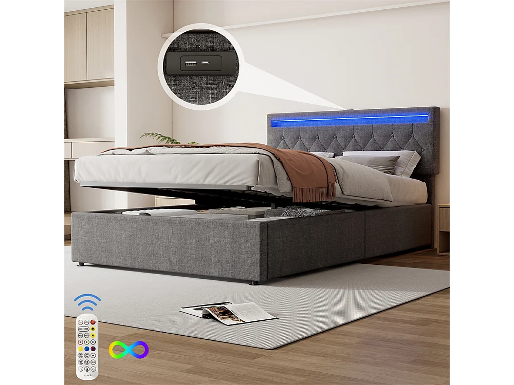 Volwassen bed 140x200 cm gestoffeerd bed opbergbed met sfeerverlichting tweepersoonsbed grijs linnen