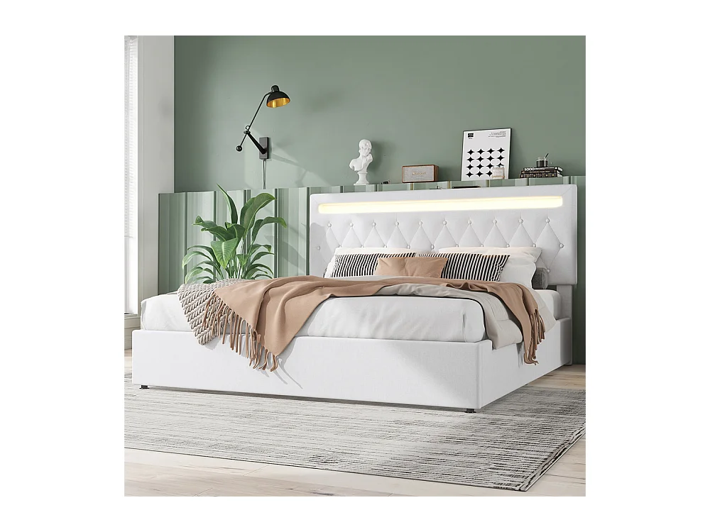 Volwassen bed 180x200 cm hydraulisch gestoffeerd bed met sfeerverlichting tweepersoonsbed wit linnen