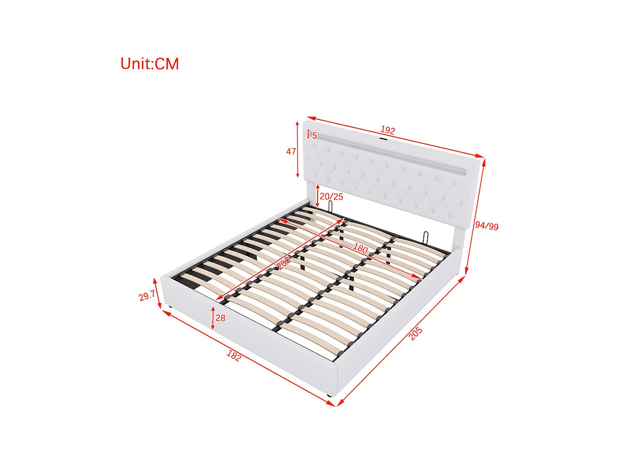 Volwassen bed 180x200 cm hydraulisch gestoffeerd bed met sfeerverlichting tweepersoonsbed wit linnen