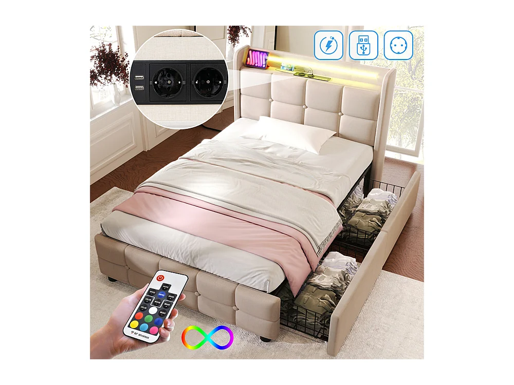 Lit rembourré 90x200cm lit de rangement lit 2 tiroirs lit éclairage led lit sommier à lattes en bois Single lin beige