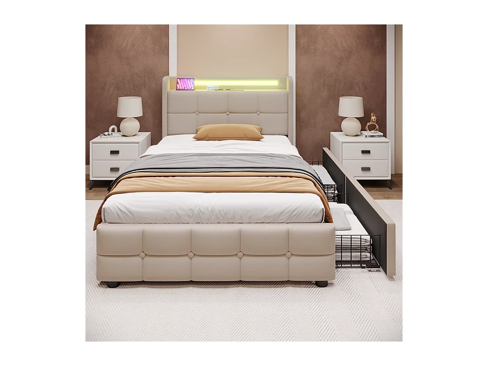 Lit rembourré 90x200cm lit de rangement lit 2 tiroirs lit éclairage led lit sommier à lattes en bois Single lin beige