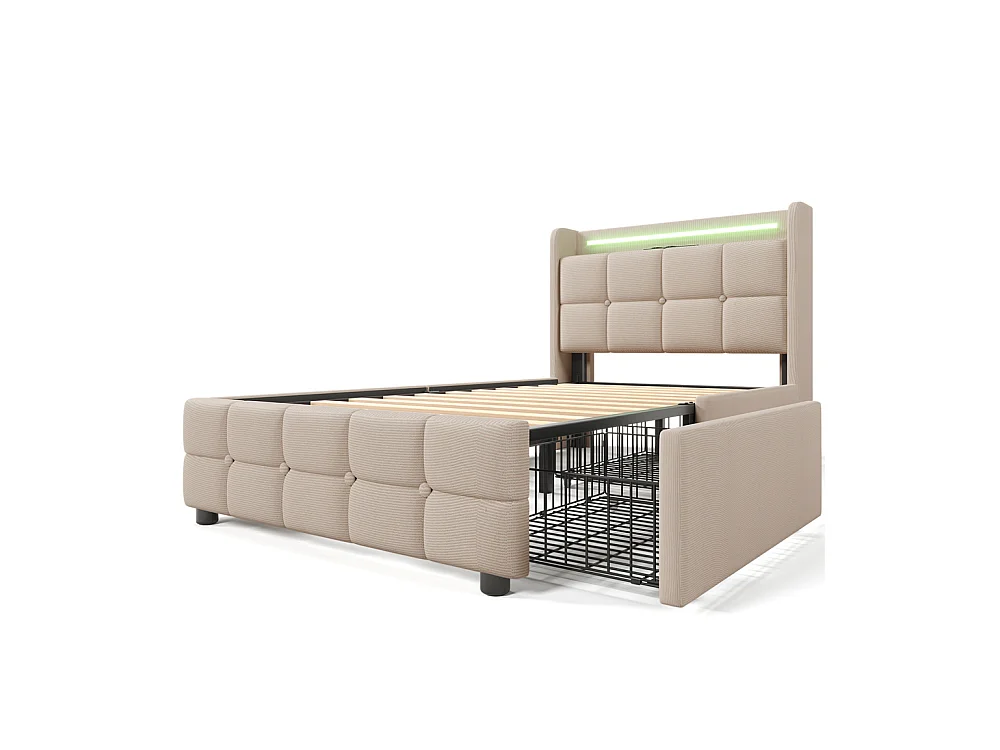 Lit rembourré 90x200cm lit de rangement lit 2 tiroirs lit éclairage led lit sommier à lattes en bois Single lin beige