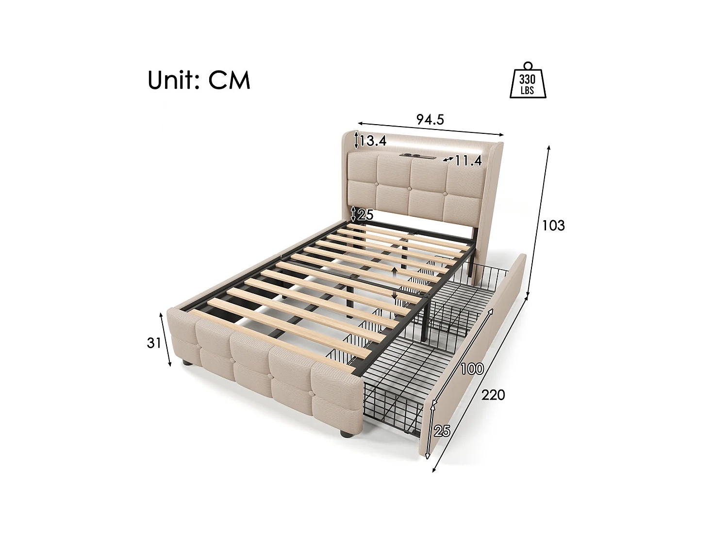Lit rembourré 90x200cm lit de rangement lit 2 tiroirs lit éclairage led lit sommier à lattes en bois Single lin beige