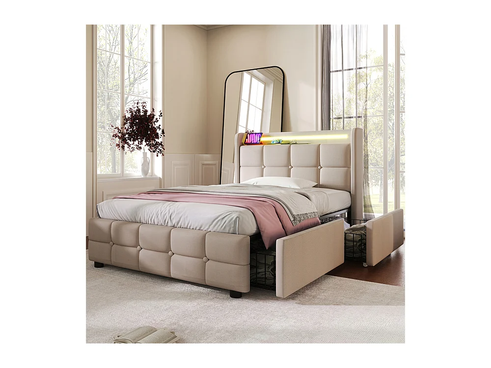 Lit rembourré 90x200cm lit de rangement lit 2 tiroirs lit éclairage led lit sommier à lattes en bois Single lin beige