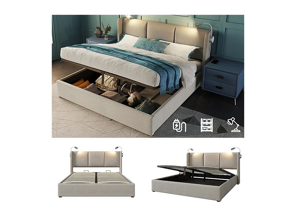Gestoffeerd bed 160x200cm opbergbed bed leeslamp hoofdeinde met usb-oplaadfunctie tweepersoonsbed beige linnen