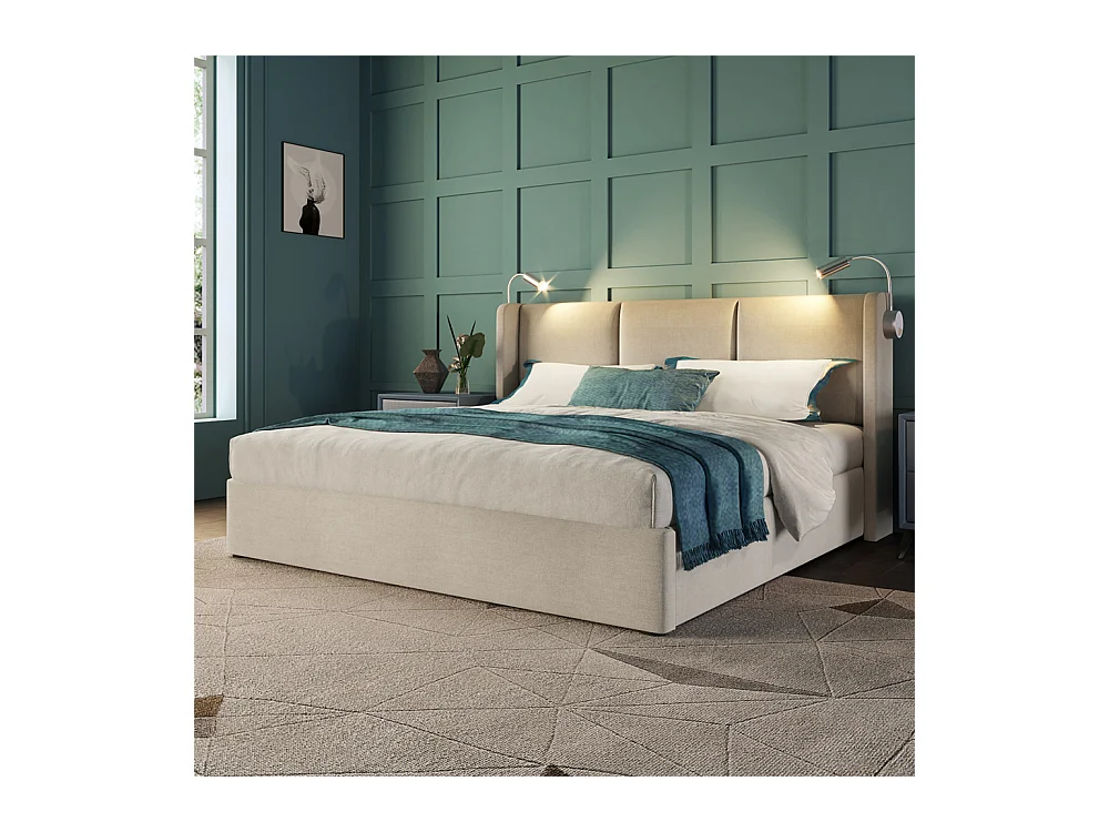 Gestoffeerd bed 160x200cm opbergbed bed leeslamp hoofdeinde met usb-oplaadfunctie tweepersoonsbed beige linnen