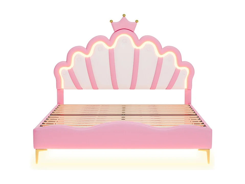 Volwassen bed 140x200 cm bed prinsessenbed in de vorm van een kroon bed met LED sfeerverlichting strips tweepersoonsbed pu roze