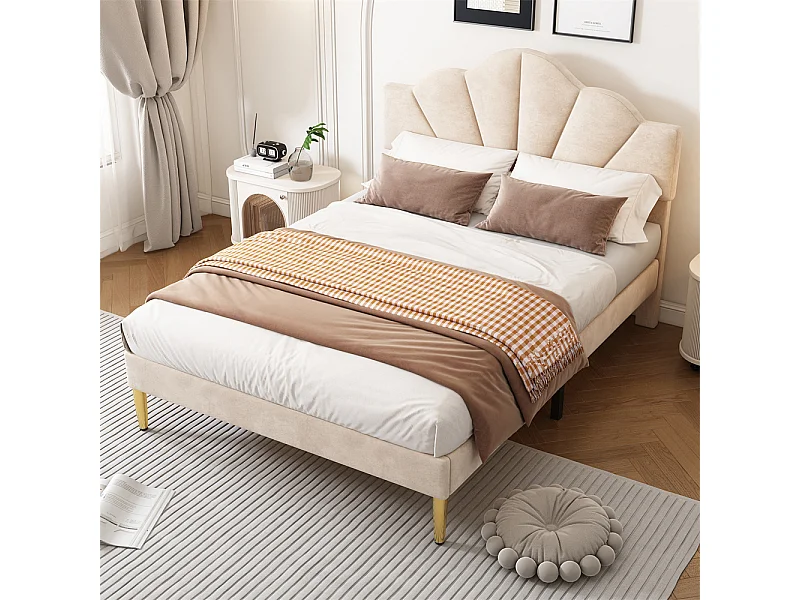 Gestoffeerd bed 140x190 cm tweepersoonsbed met lattenbodem - verstelbaar hoofdeinde - fluwelen stof - beige