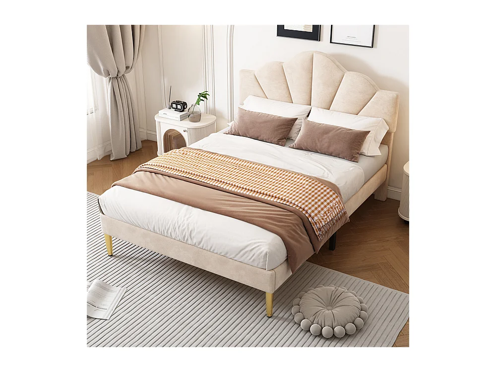 Gestoffeerd bed 140x190 cm tweepersoonsbed met lattenbodem - verstelbaar hoofdeinde - fluwelen stof - beige