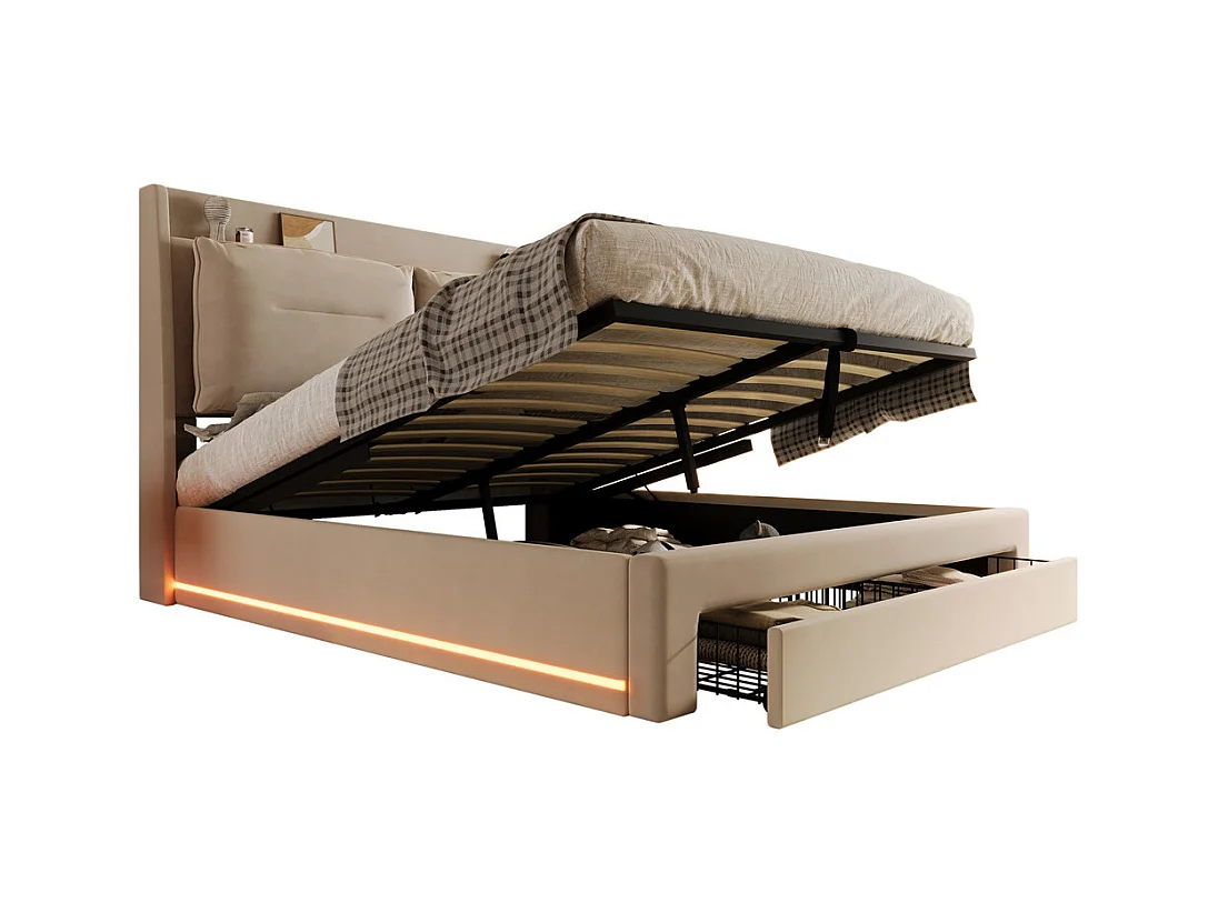 Hydraulisch gestoffeerd bed 140x200cm, opberglades, met lattenbodem, zonder matras, fluweel, beige