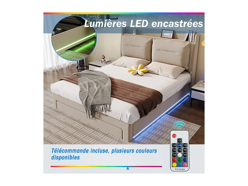 Hydraulisch gestoffeerd bed 140x200cm, opberglades, met lattenbodem, zonder matras, fluweel, beige